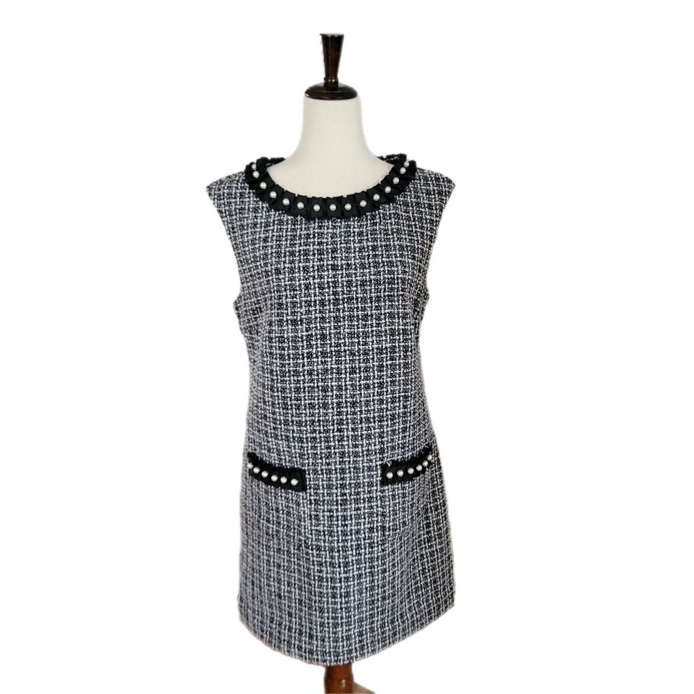 Black and White Plaid Boucle Tweed Dress Faux Pearl Trim Pockets Size Med